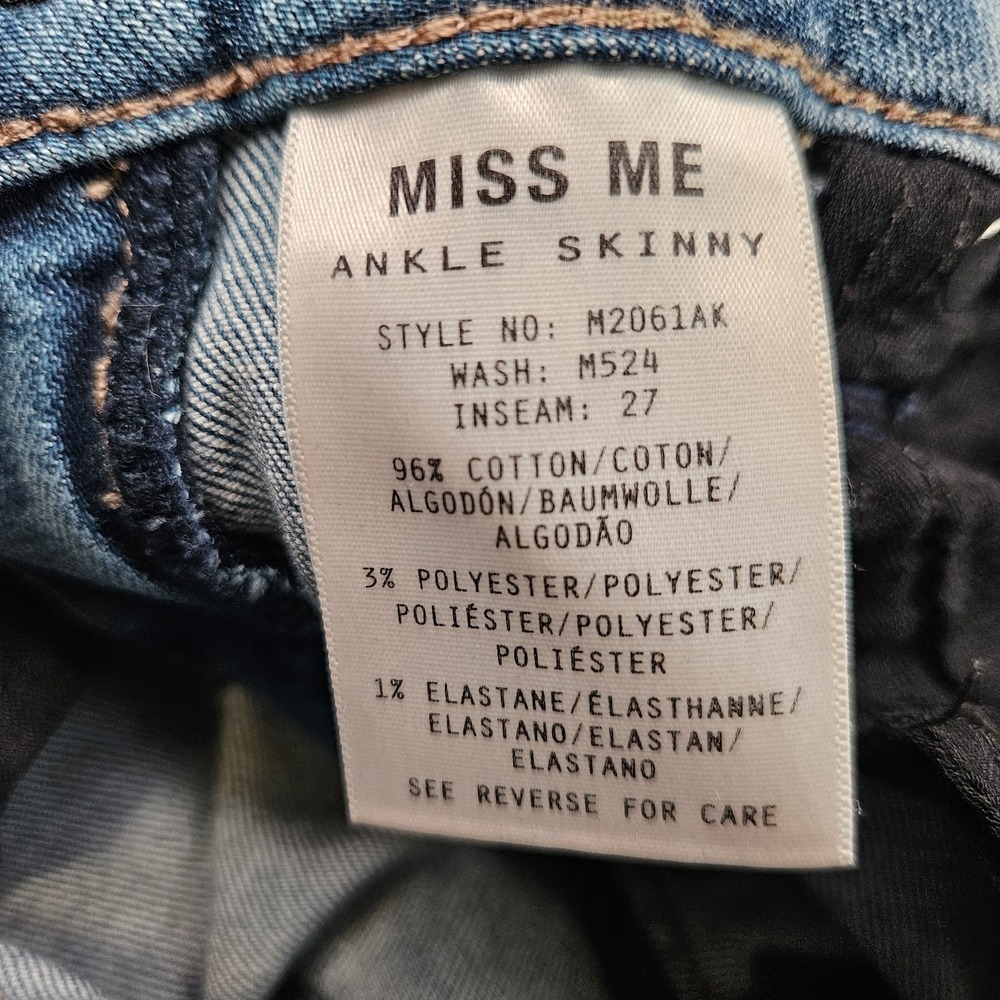 Miss Me Ankle Zip Skinny Jeans 27 Blue Whiskering Stretch 28x26 Casual Comfort - Picture 12 of 13